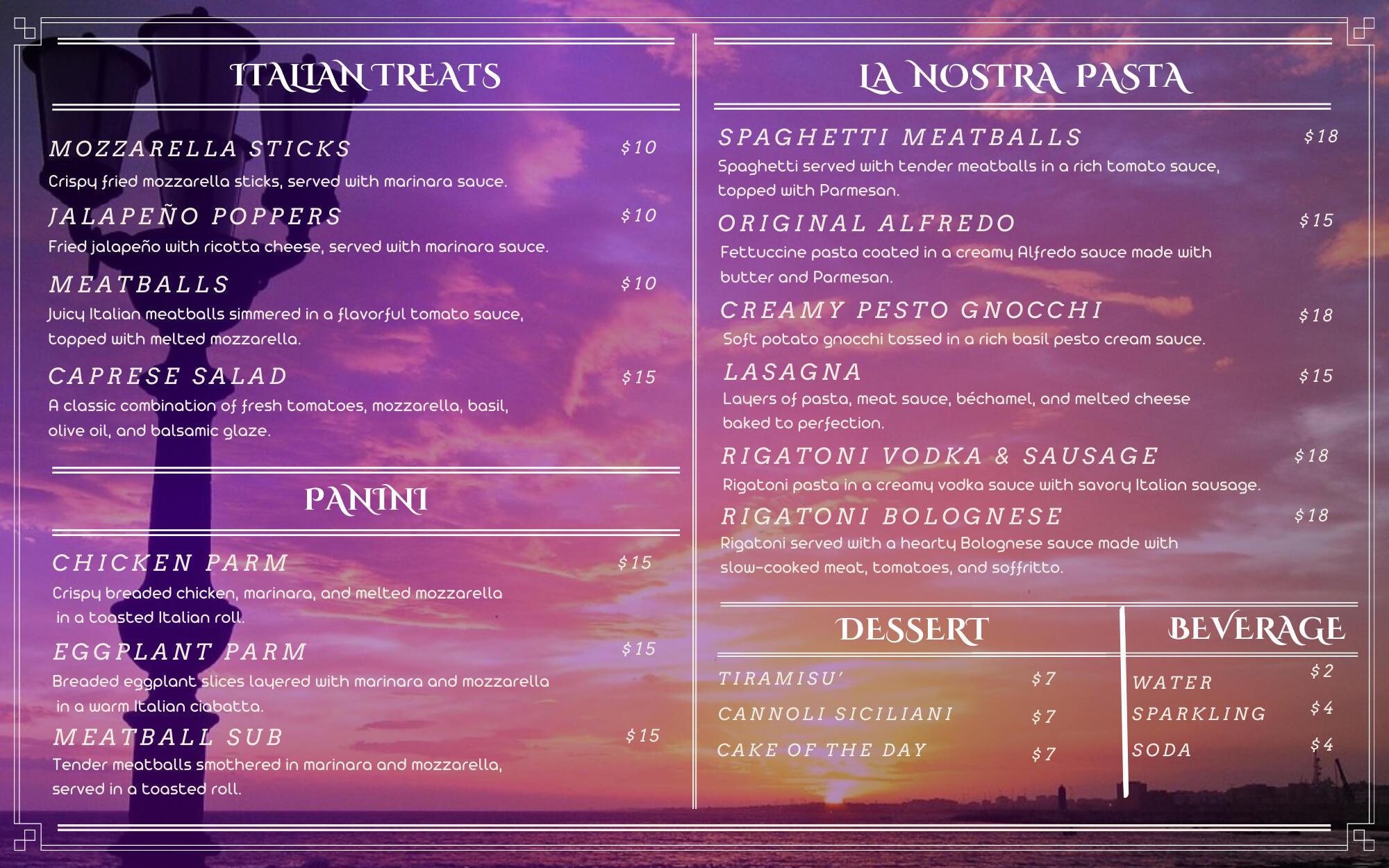 Menu Romano Italian Street food Menu